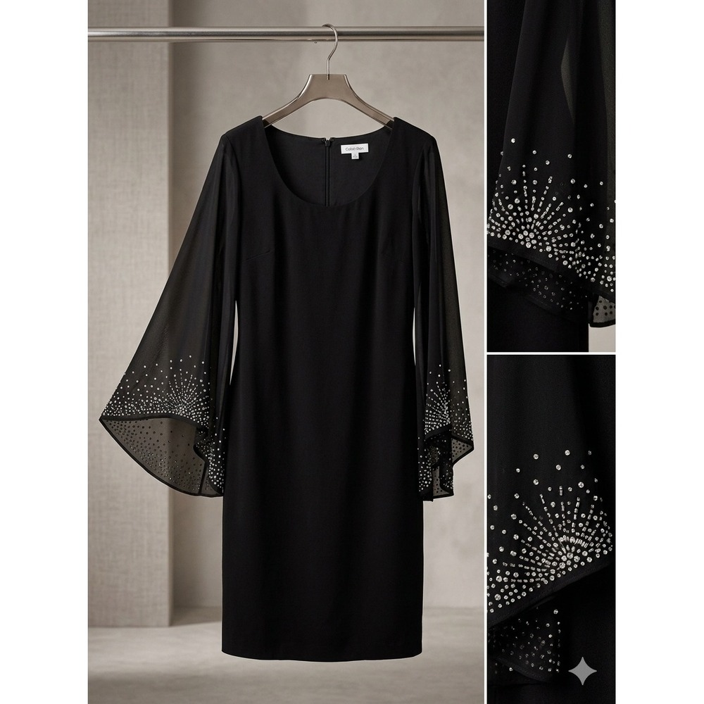 Calvinโ Klein Womens Black Embellished Bell Sleeve Sheath Dress 14 CD8C13PA